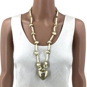 Vintage Necklace Heart Pendant Cream Beaded Gold Tone Accents 29 Inch Length